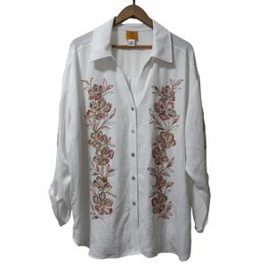 Ruby Rd Womens Embroidered Button Up‎ Top Size 2X White Boho Cottagecore NWT